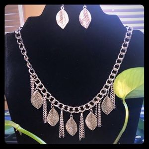 Silver Alloy Leaf & Chain Necklace & Earri…